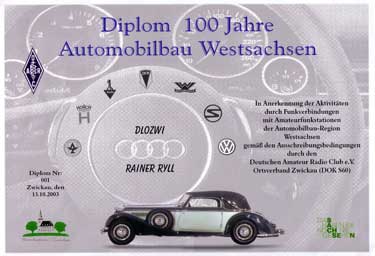Diplom 100 Jahre Automobilbau Westsachsen